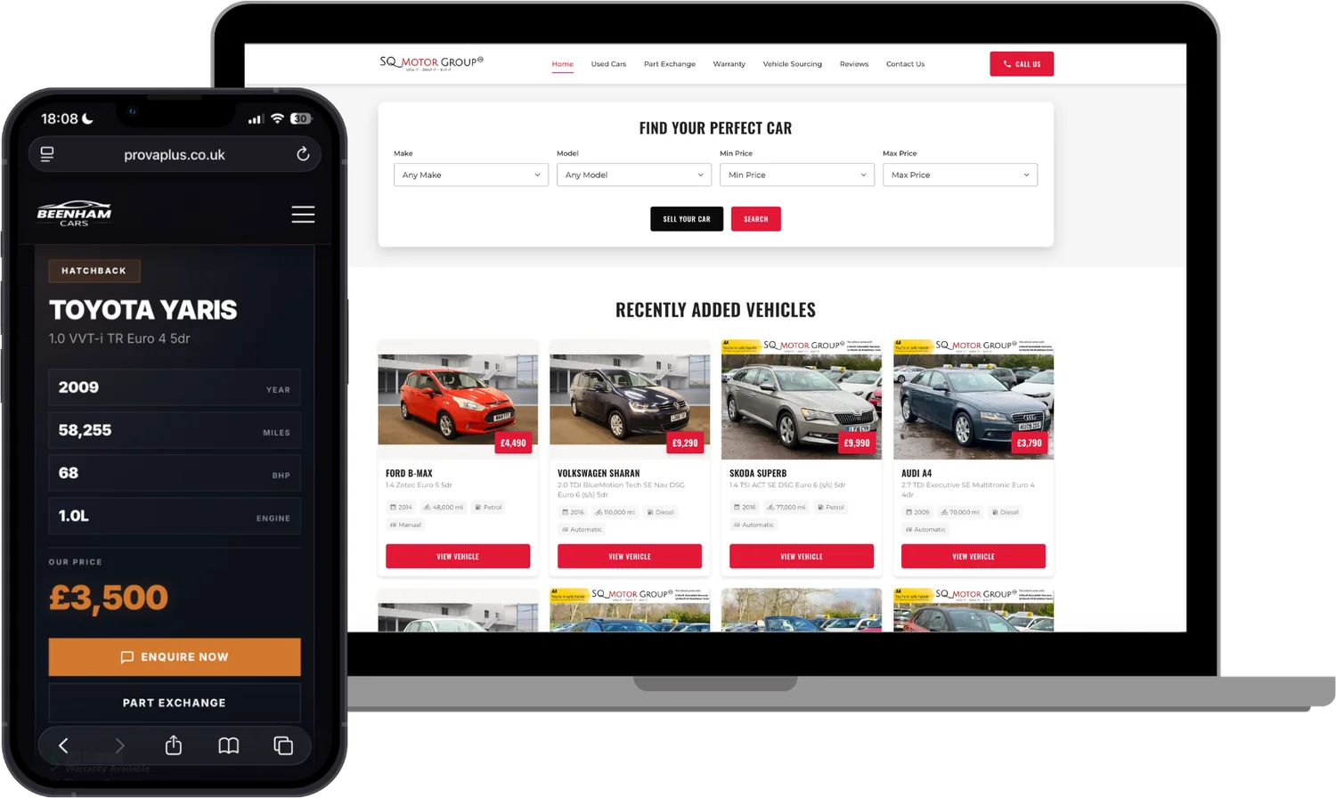 A dealership website with live stock on a laptop and a vehicle page with price and enquiry button on a phone